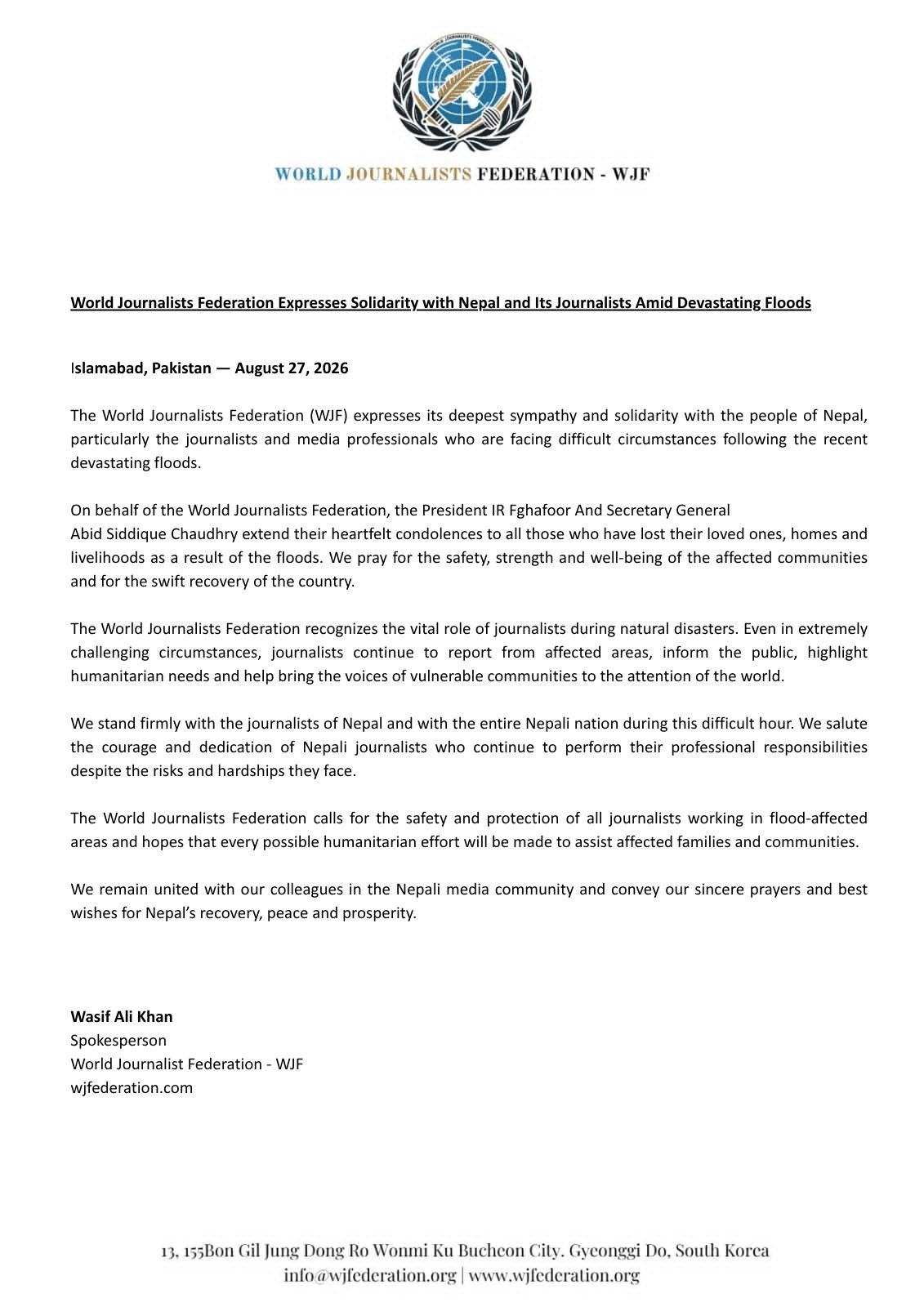 Official WJF solidarity statement for Nepal following devastating floods.